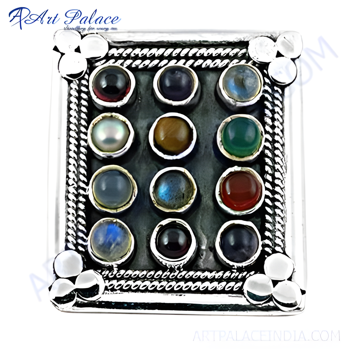 925 silver square ring inlaid with various colorful gemstones for women