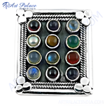 Load image into Gallery viewer, 925 silver square ring inlaid with various colorful gemstones for women.

