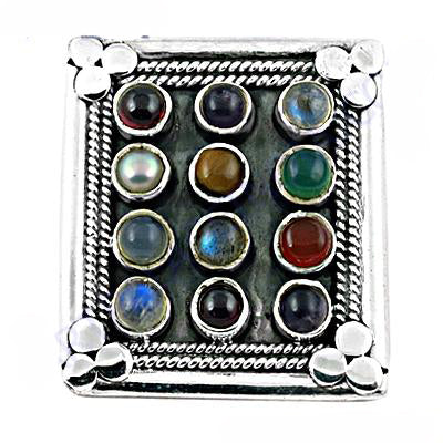 925 Silver Multi Gemstone Ring | Square Design | Women's Jewelry