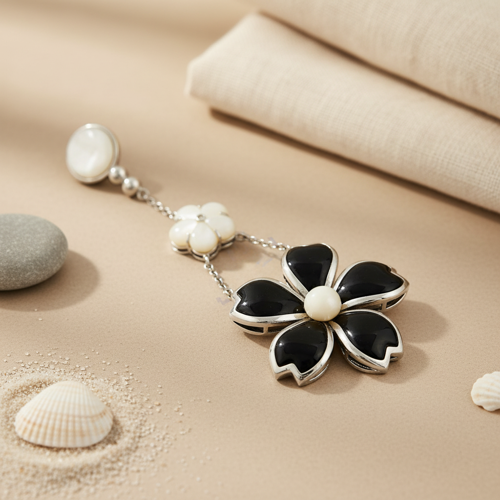 Silver Flower Pendant Necklace | Black & White Floral Jewelry