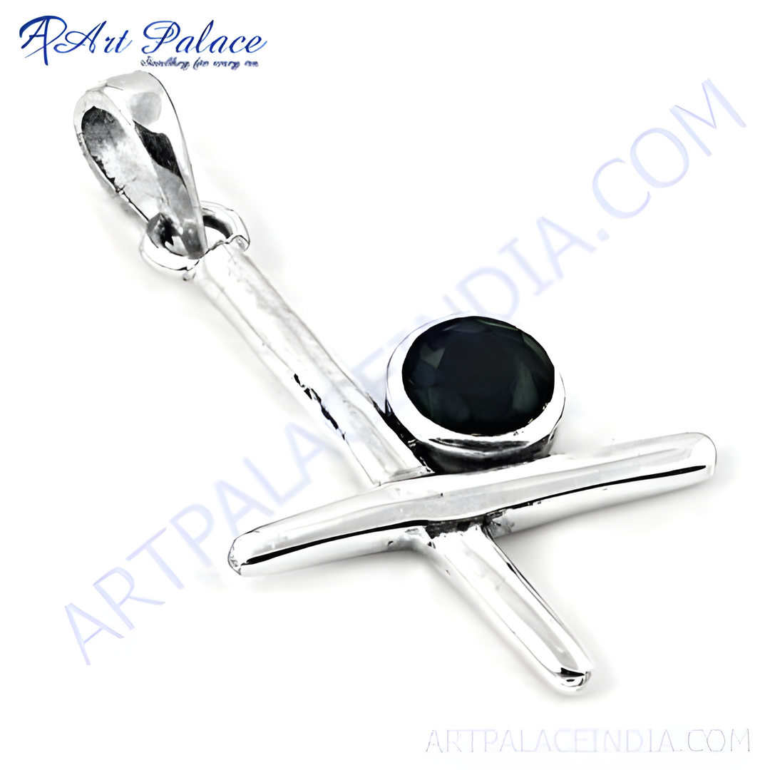 Sterling silver pendant featuring a large round black onyx gemstone set in a silver bezel