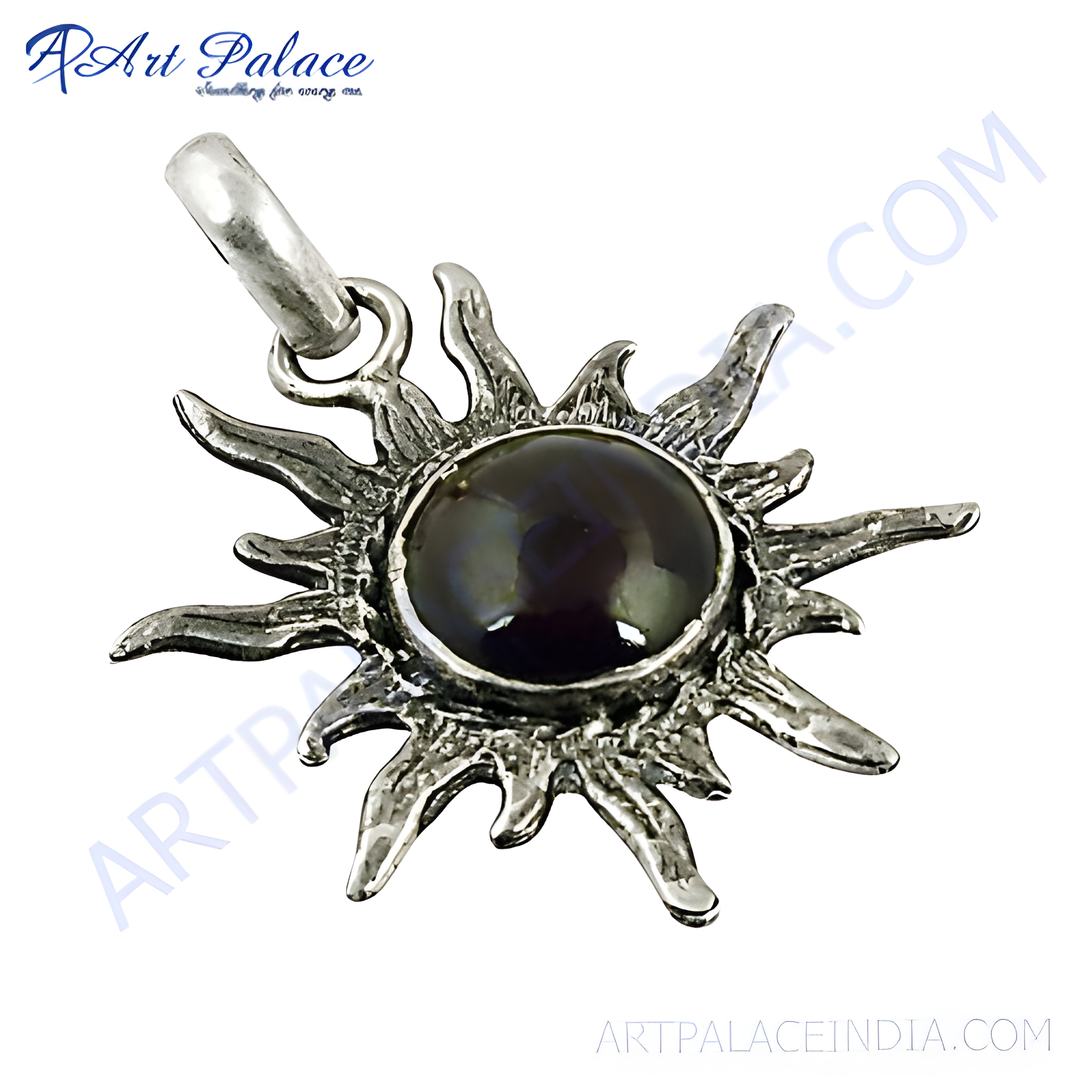 925 sterling silver sunburst pendant with a black pearl gemstone center, a unique piece of jewelry.