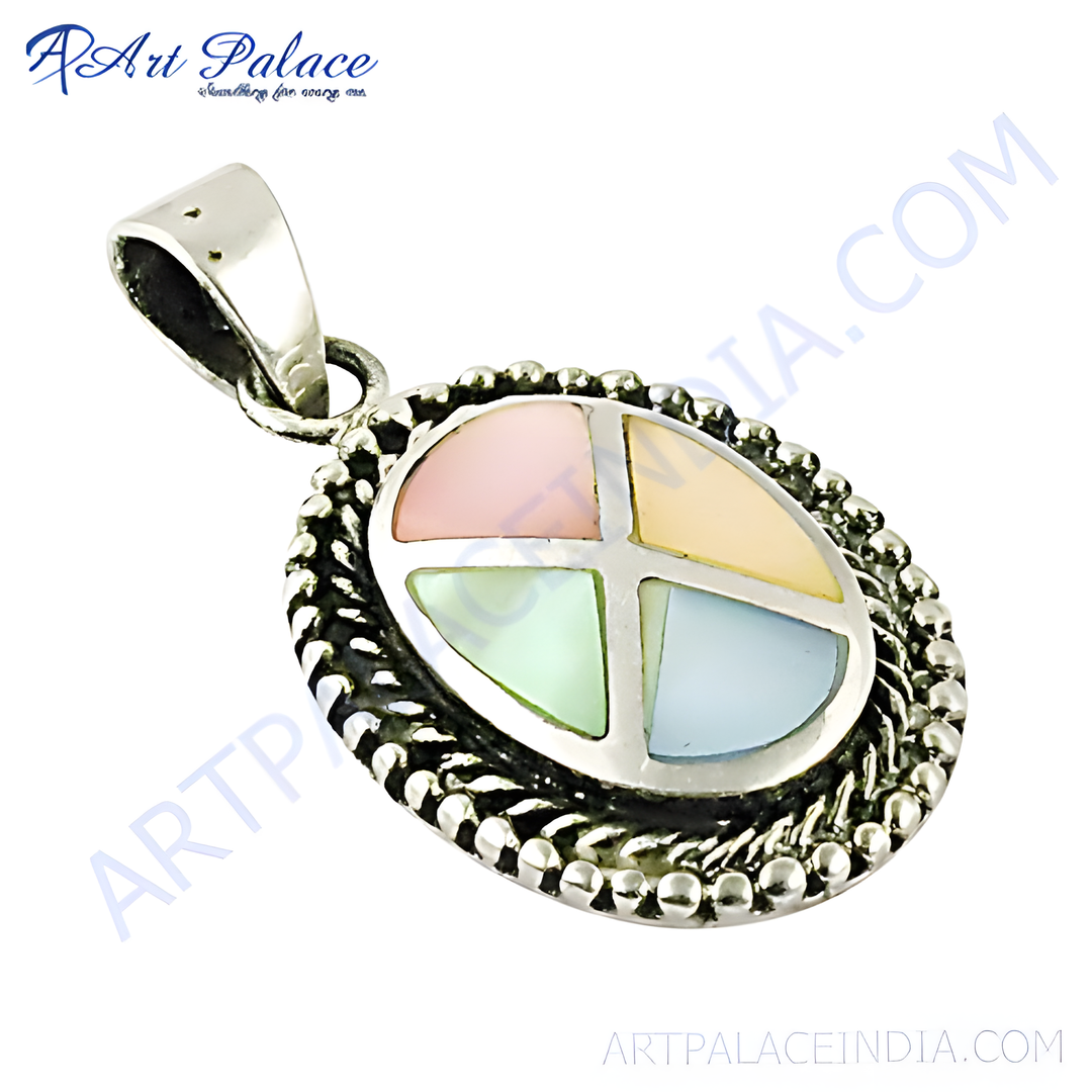 925 sterling silver mother of pearl pendant with pastel-colored gemstone sections