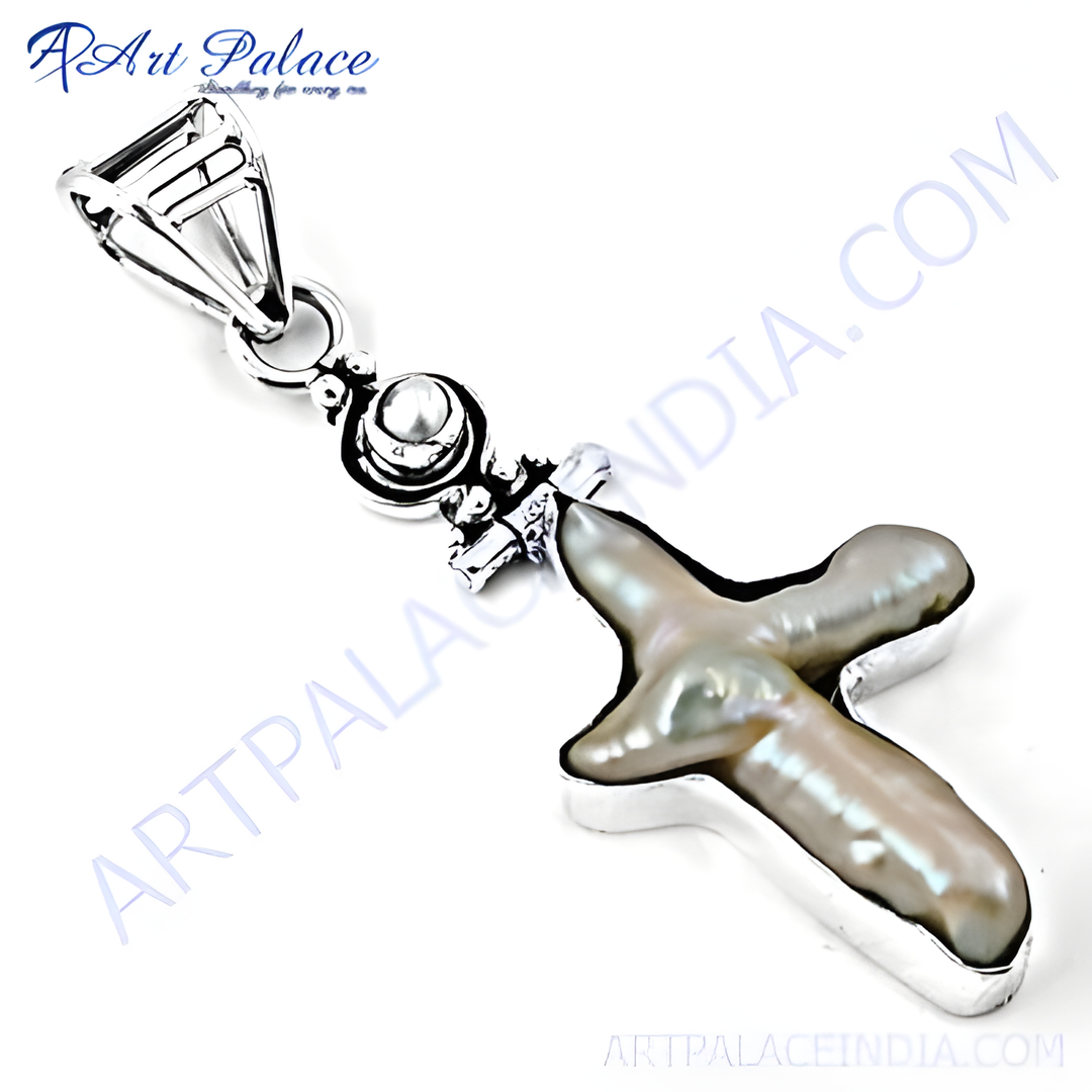 Sterling silver pearl cross pendant, featuring a unique natural pearl in a silver setting, perfect for women.