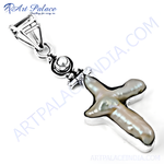 Load image into Gallery viewer, Sterling silver pearl cross pendant, featuring a unique natural pearl in a silver setting, perfect for women.
