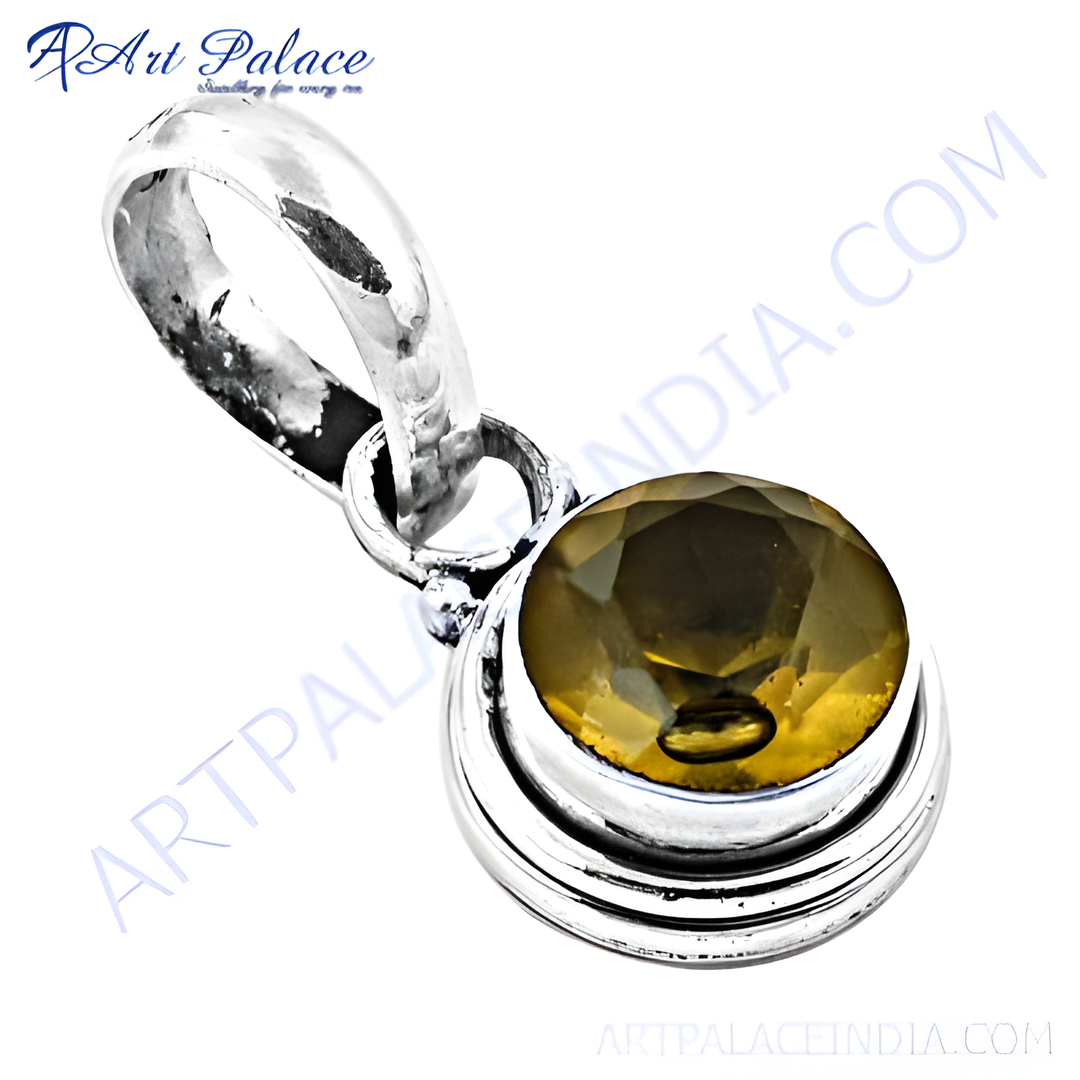 925 sterling silver pendant with a round, yellow citrine gemstone, ideal for women's jewelry