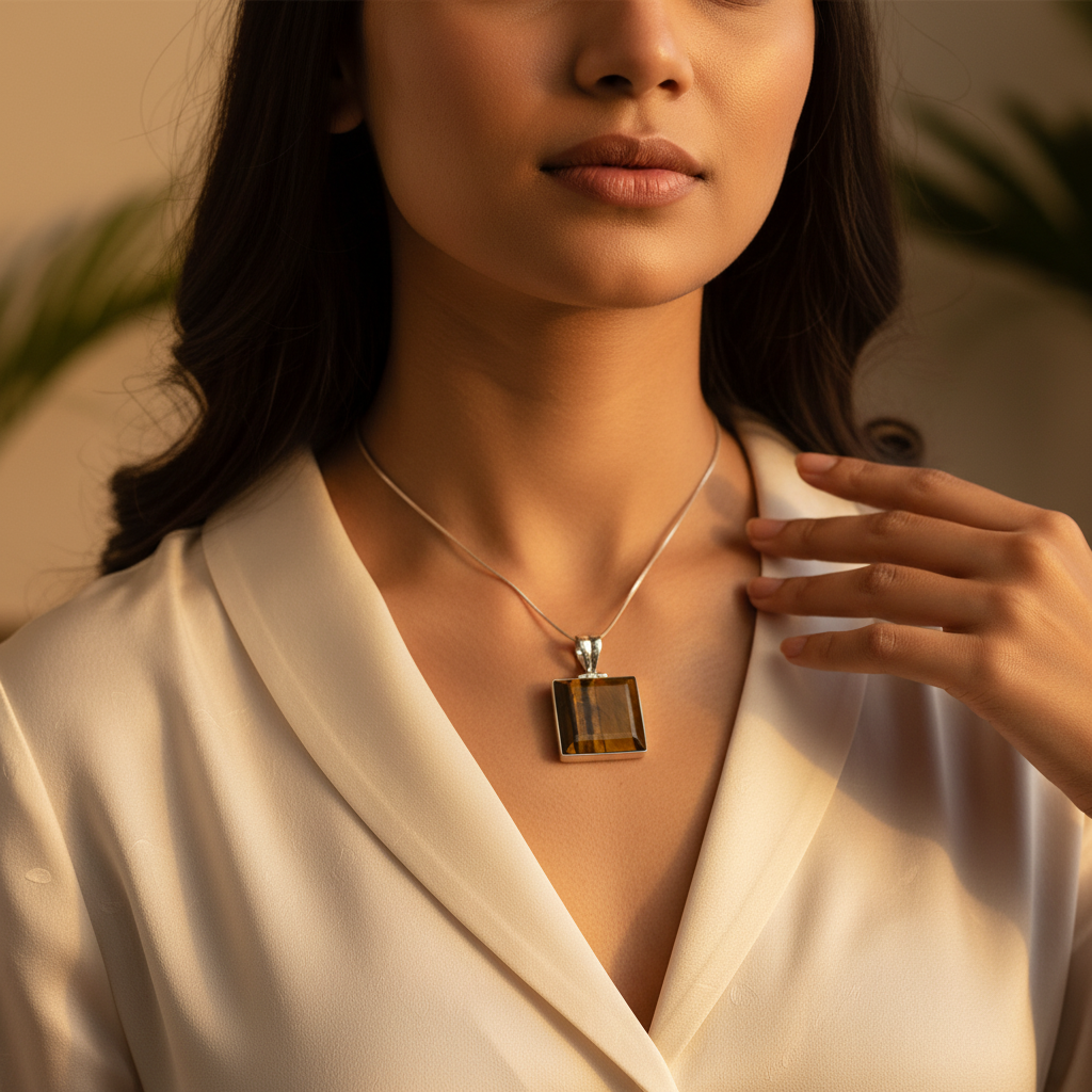 Colgante de ojo de tigre en plata 925 | colgante cuadrado con piedras preciosas