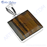 Load image into Gallery viewer, 925 silver square pendant with a natural tiger&#39;s eye gemstone in shades of brown and gold plating
