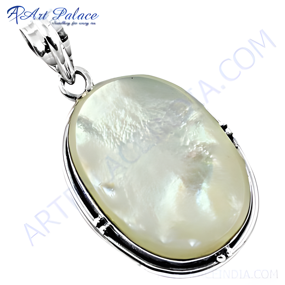 925 sterling silver pendant with a large, oval-shaped mother of pearl gemstone, shimmering with iridescence.
