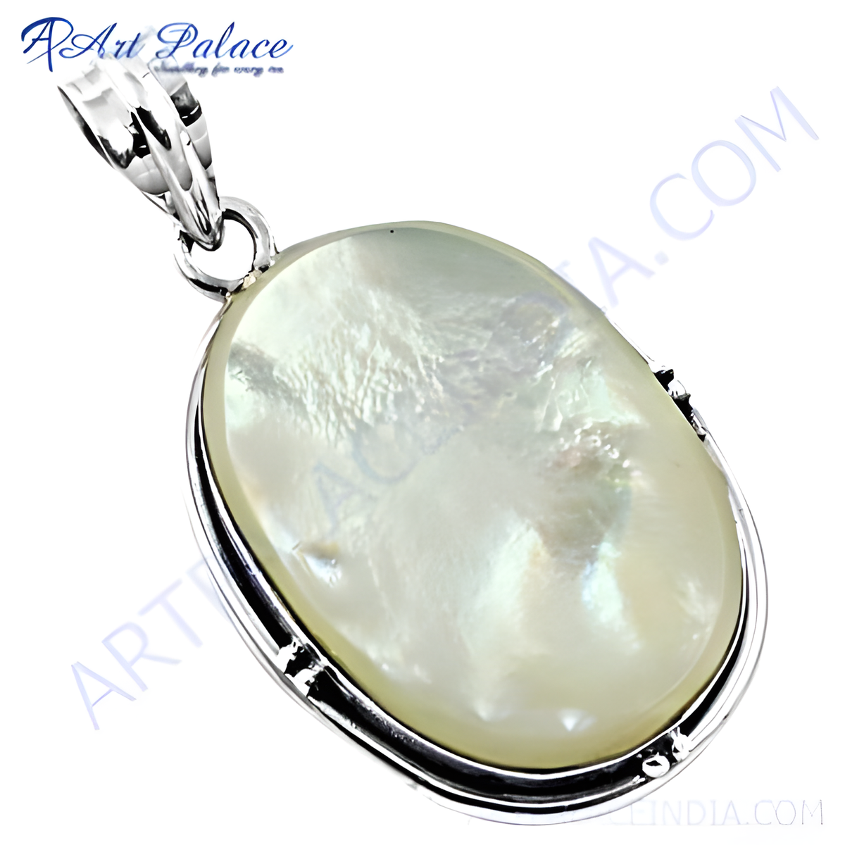 925 sterling silver pendant with a large, oval shaped mother of pearl gemstone, shimmering with iridescence