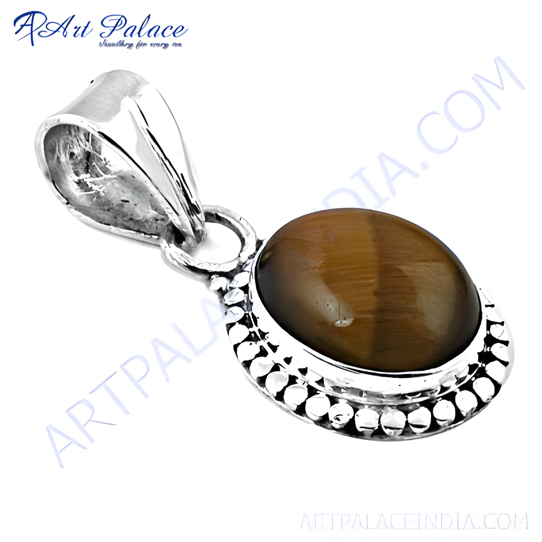 925 sterling silver pendant featuring an oval Tiger's Eye gemstone in brown and gold plating hues.