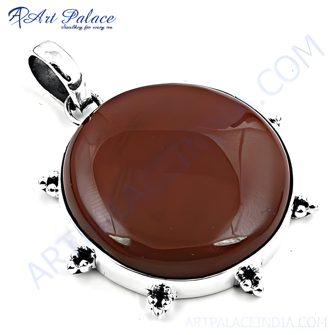 925 sterling silver round pendant with a brown gemstone. Elegant design, perfect for women.