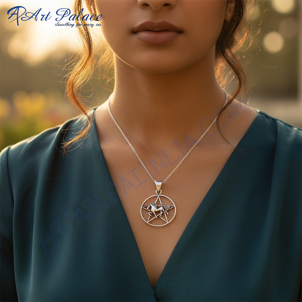 Colgante de unicornio en plata de ley 925 | collar de pentagrama para mujer