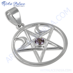 Load image into Gallery viewer, 925 sterling silver pentacle pendant with round purple amethyst gemstone center
