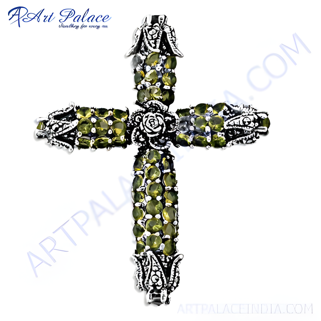 925 sterling silver peridot cross pendant with green gemstone accents and intricate details