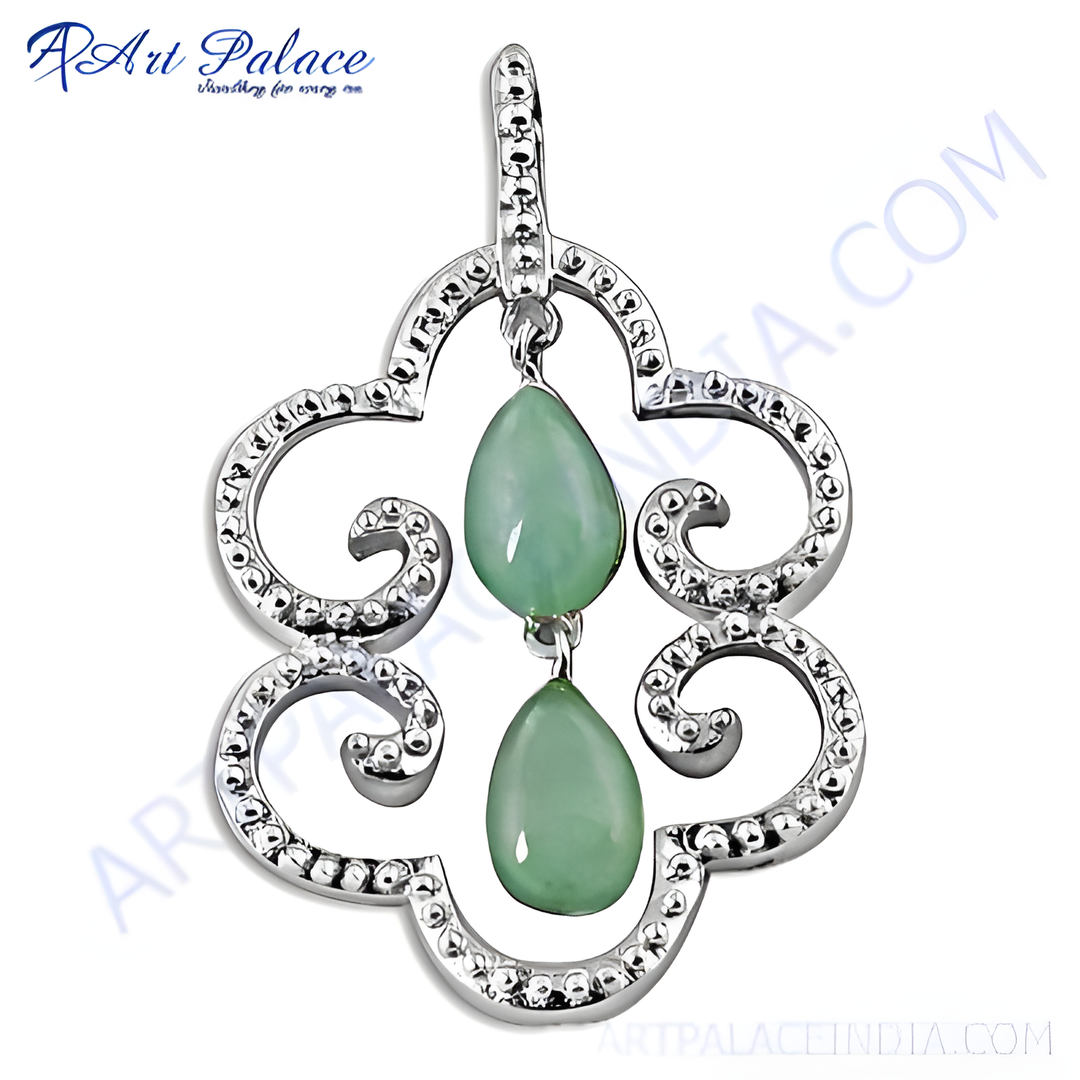 Sterling silver pendant necklace featuring two teardrop-shaped green jade gemstones.