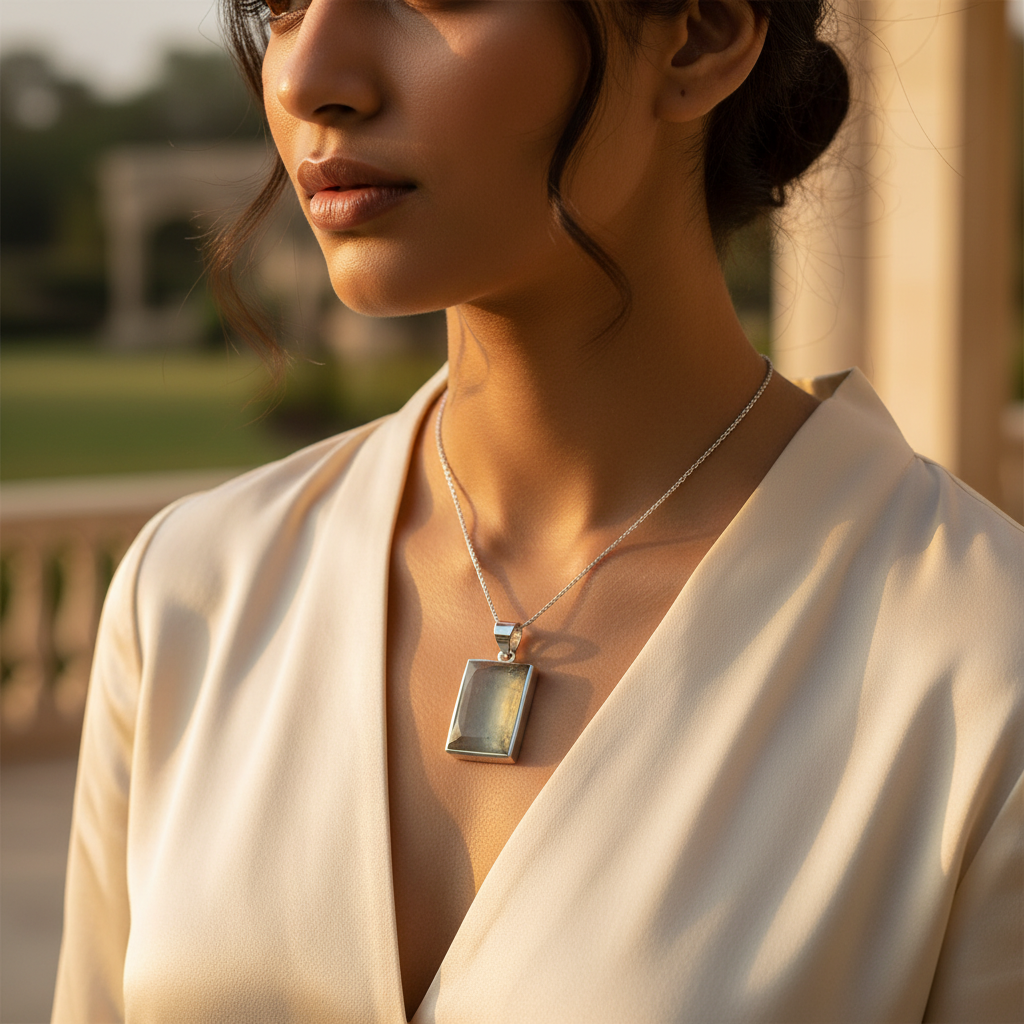 Colgante rectangular de plata 925 con piedras preciosas para mujer | Uso diario