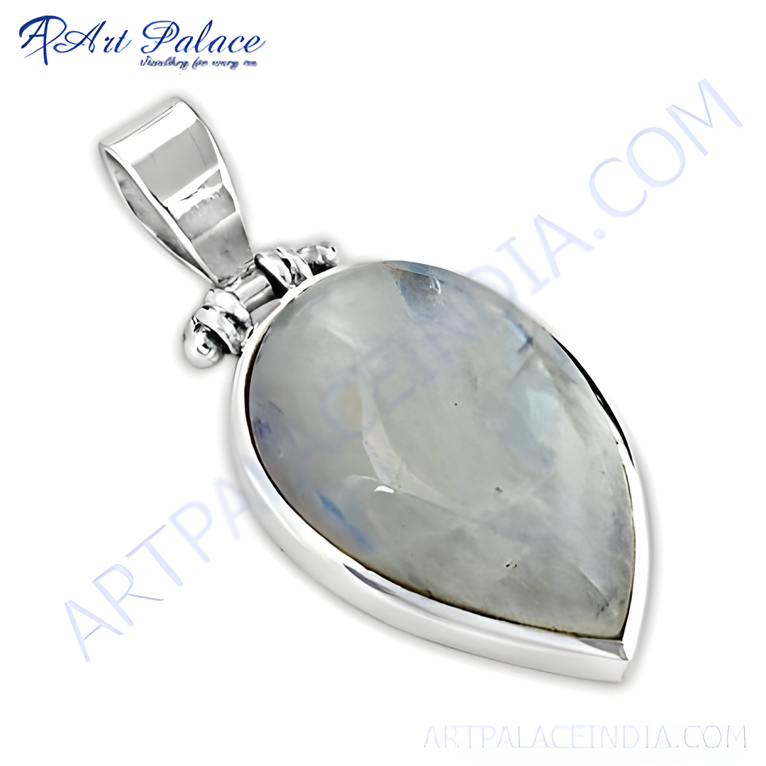 925 sterling silver teardrop pendant with pear-shaped moonstone gemstone. Elegant women's jewelry.