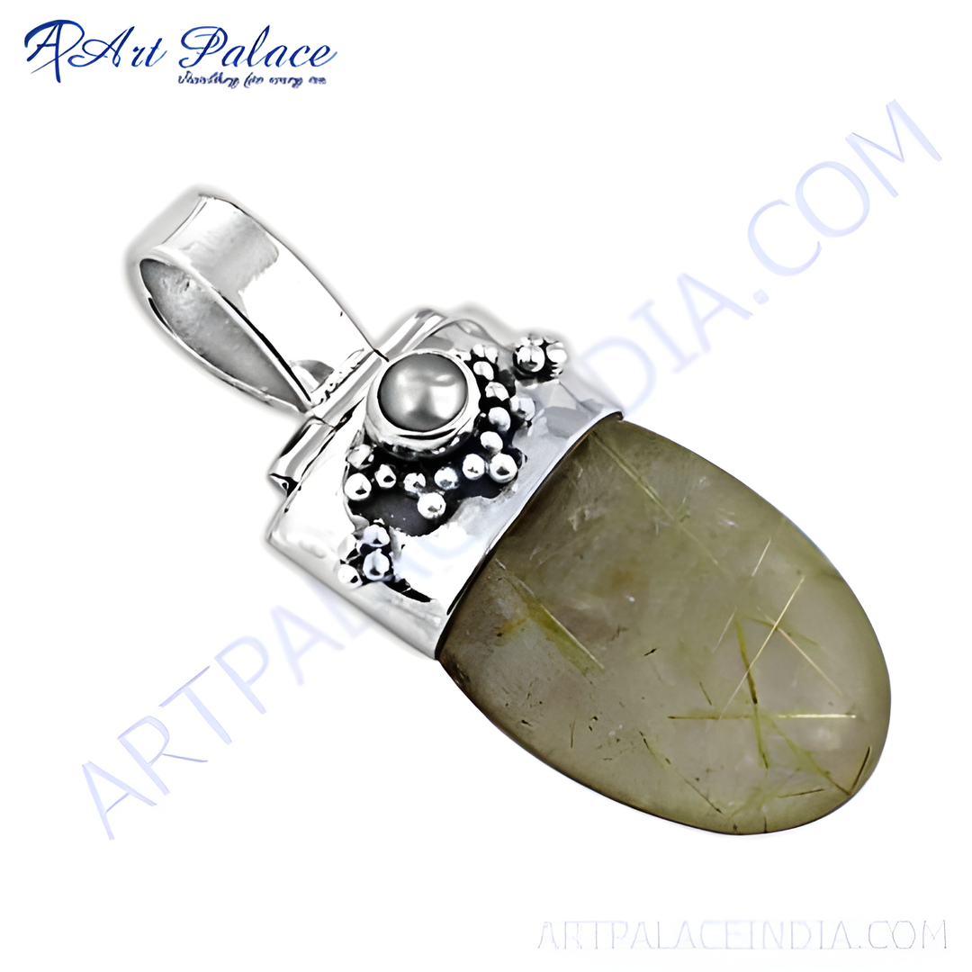 925 sterling silver rutilated quartz pendant. Features a light green translucent stone with gold plating needle inclusions.