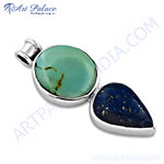 Load image into Gallery viewer, Sterling silver pendant with oval turquoise stone and teardrop lapis lazuli gemstone.
