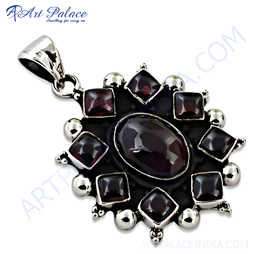 925 sterling silver pendant featuring a central oval garnet stone surrounded by smaller square garnets, elegant design