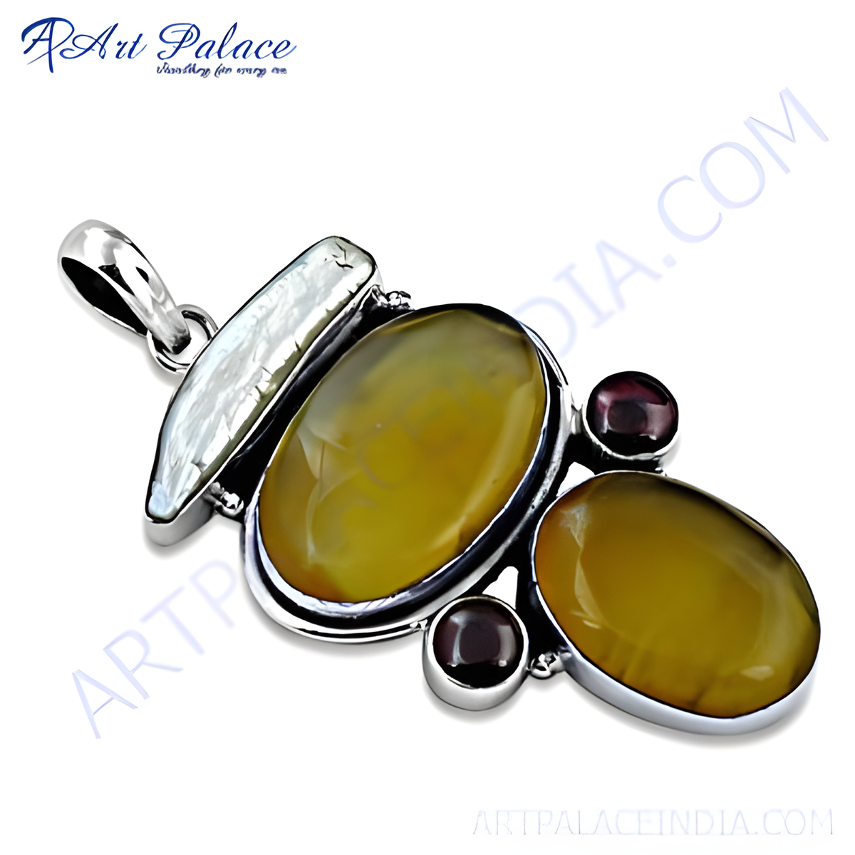 925 sterling silver pendant necklace featuring amber and garnet gemstones, elegant design