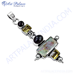 Load image into Gallery viewer, 925 sterling silver gemstone cross pendant with Mother of Pearl and Citrine accents.
