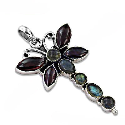 925 Sterling Silver Dragonfly Pendant | Garnet & Labradorite