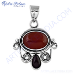 Load image into Gallery viewer, 925 sterling silver carnelian pendant with oval red gemstone and intricate design
