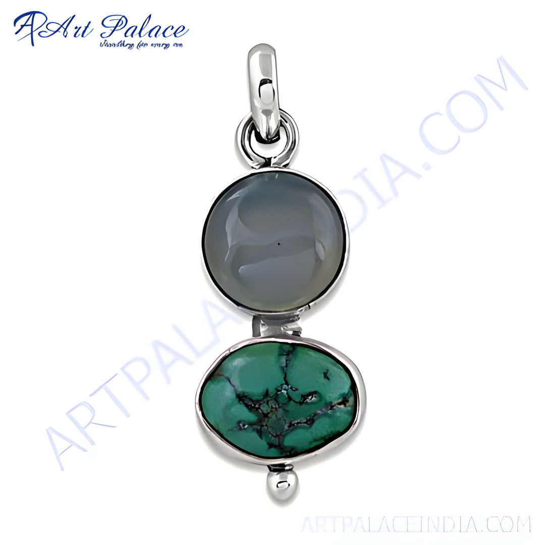 Sterling silver pendant necklace featuring a round gray agate stone and green turquoise.
