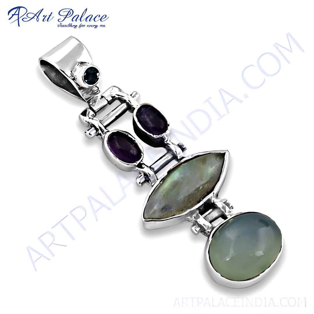 925 sterling silver pendant with amethyst, mother of pearl and other gemstones.