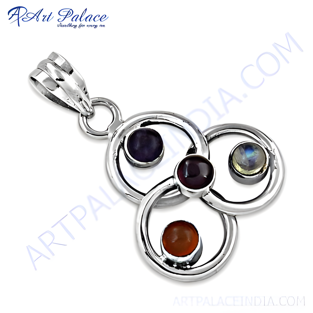 925 sterling silver gemstone pendant necklace with amethyst, garnet and moonstone