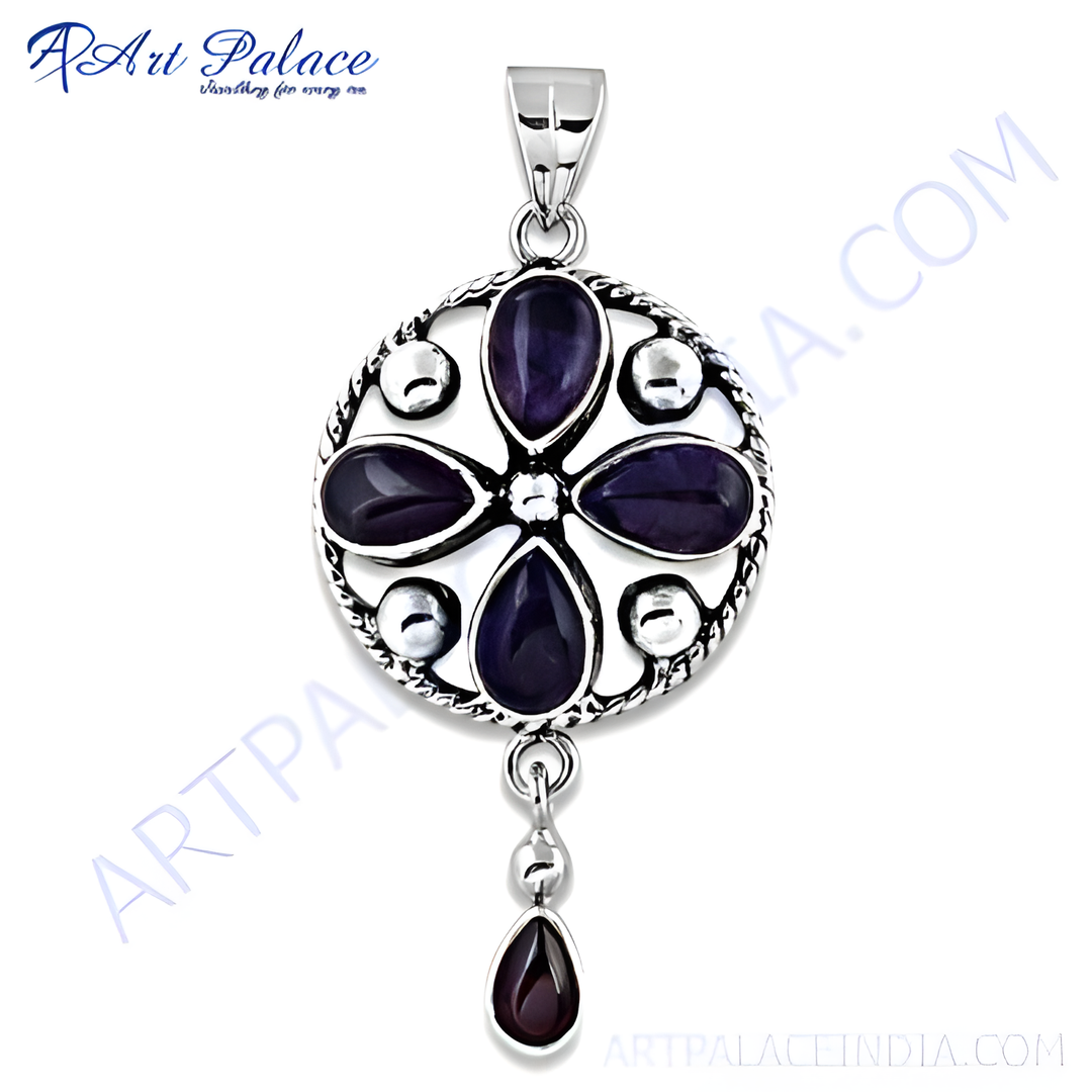925 sterling silver amethyst floral pendant with purple gemstones and detailed design