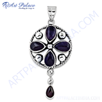 Load image into Gallery viewer, 925 sterling silver amethyst floral pendant with purple gemstones and detailed design

