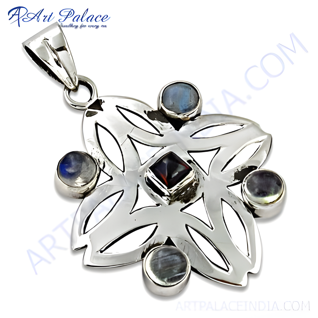 Sterling silver flower pendant with multiple blue and red gemstones for women.