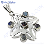 Load image into Gallery viewer, Sterling silver flower pendant with multiple blue and red gemstones for women.
