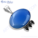 Load image into Gallery viewer, 925 sterling silver pendant with a large, oval-shaped blue chalcedony gemstone.
