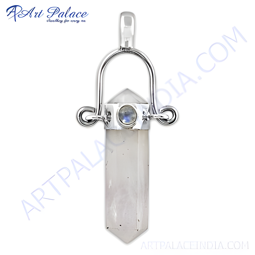 925 sterling silver quartz crystal pendant with a small moonstone accent, for women.