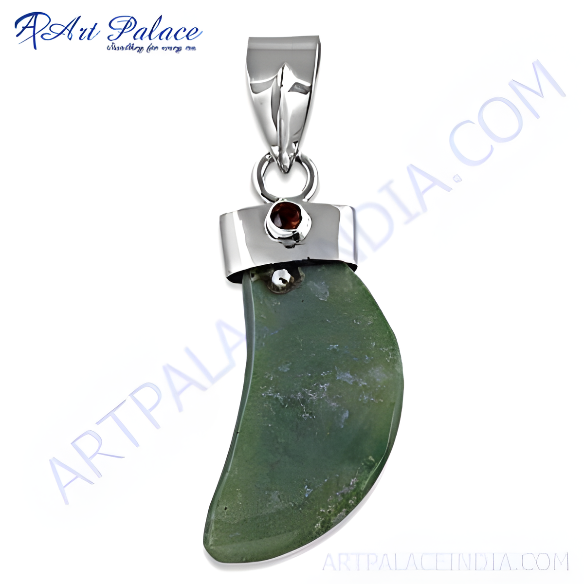 925 sterling silver jade pendant necklace with green natural stone, crescent shape, and silver bail