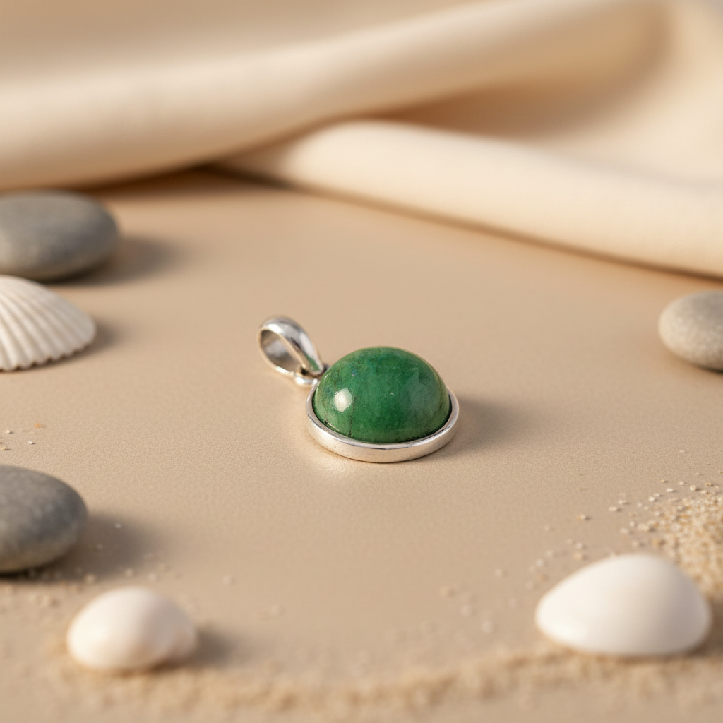 925 Silver Green Gemstone Pendant | Round Cabochon for Women