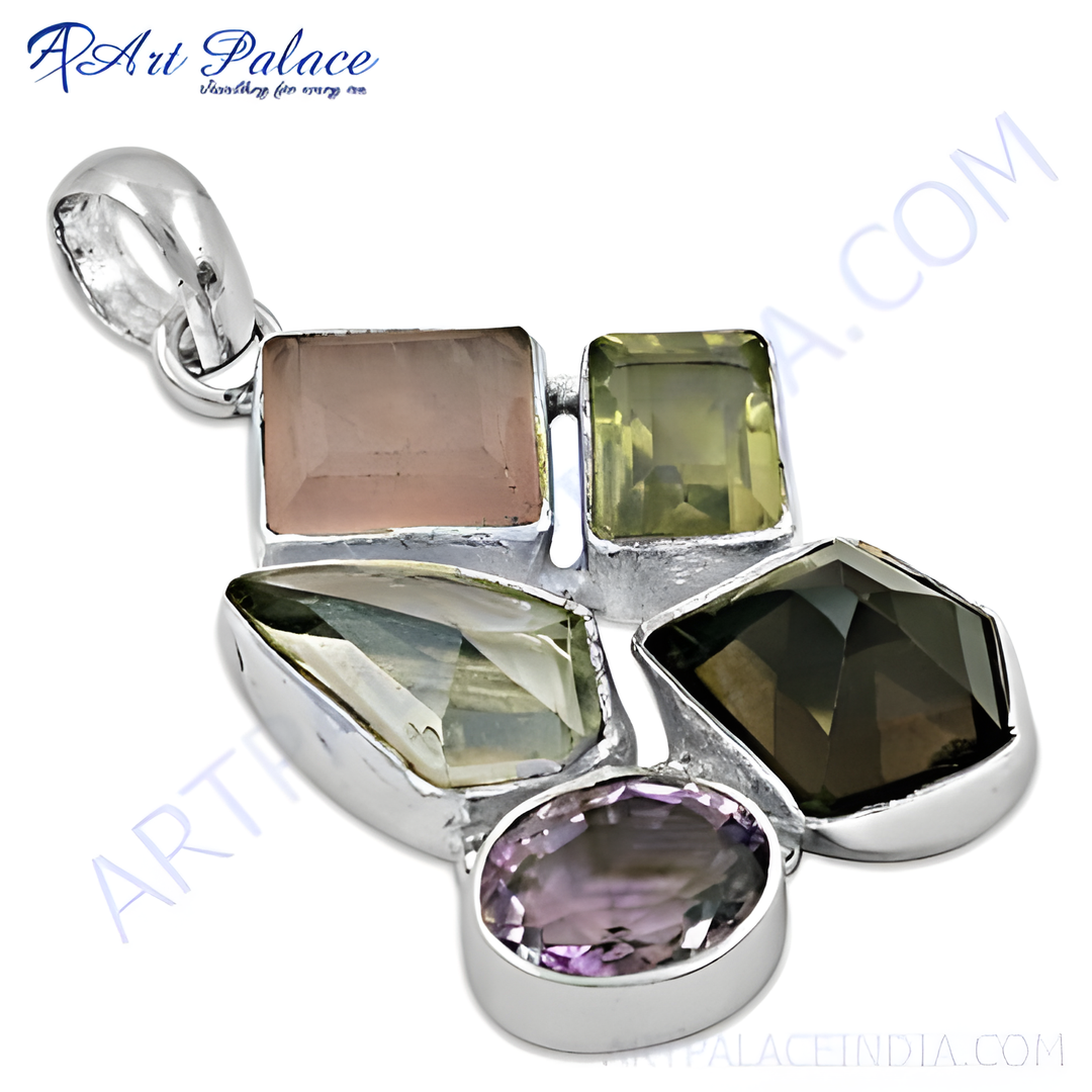 Sterling silver pendant featuring various gemstones including amethyst, smokey quartz and peridot.