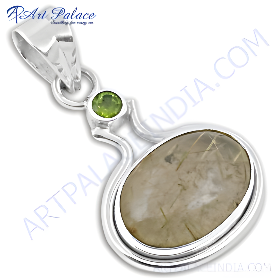 925 sterling silver rutilated quartz pendant with a peridot accent, showcasing natural stone and a modern design.