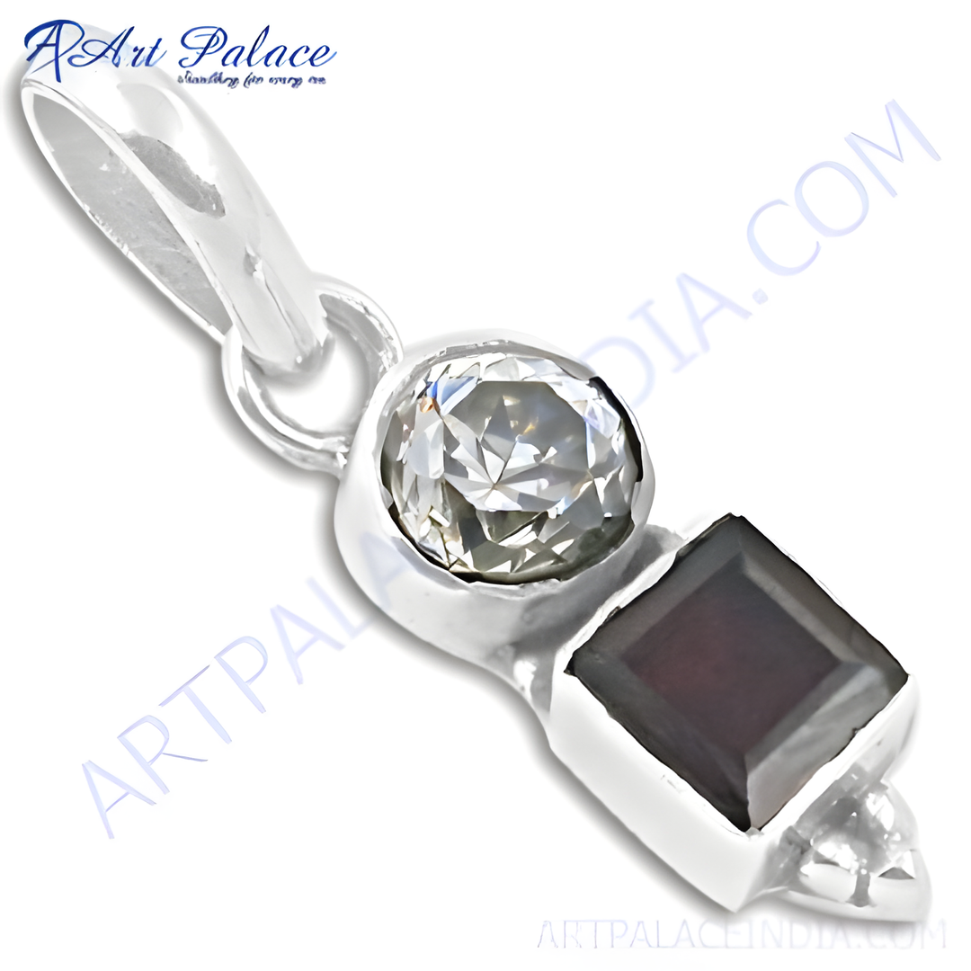 925 sterling silver charm pendant with round cubic zirconia and square garnet gemstone