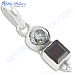 Load image into Gallery viewer, 925 sterling silver charm pendant with round cubic zirconia and square garnet gemstone
