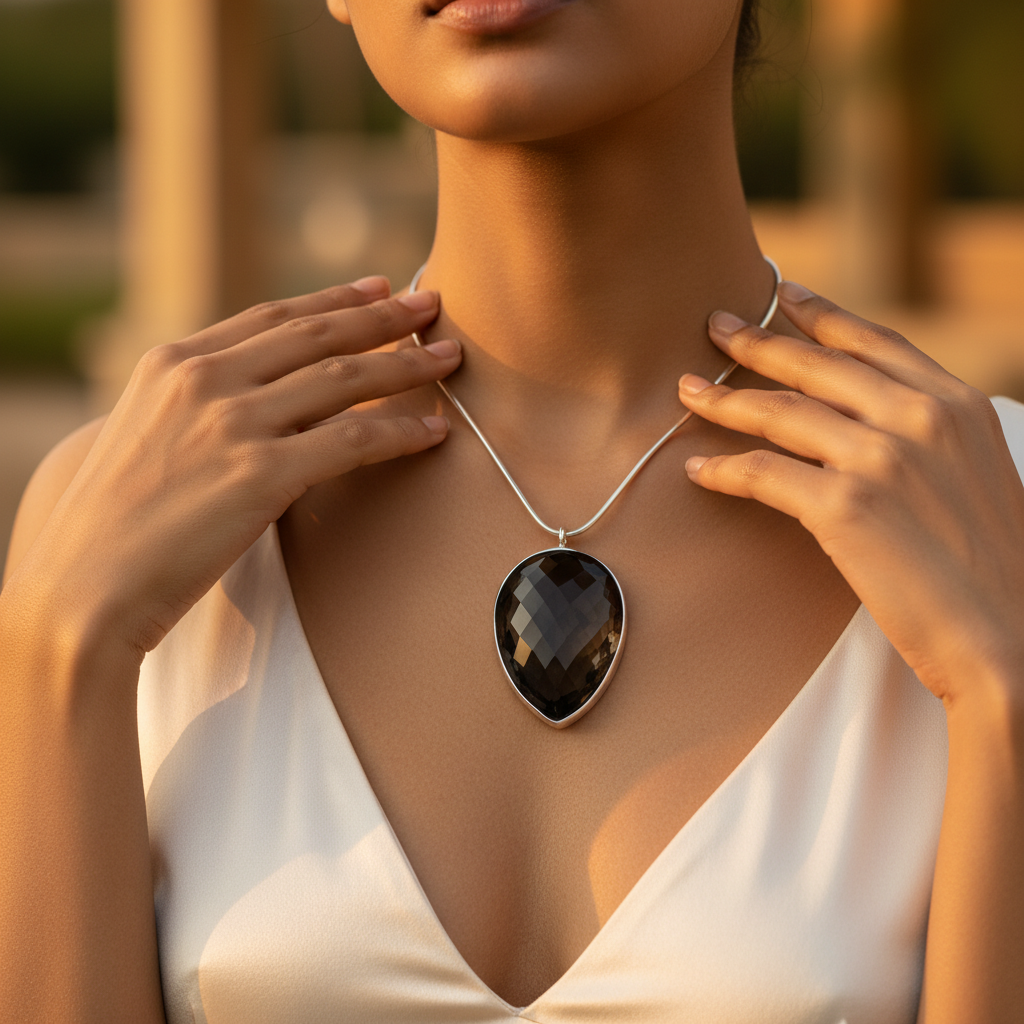 Colgante de lágrima de cuarzo ahumado en plata 925 | regalo de joyería para mujer