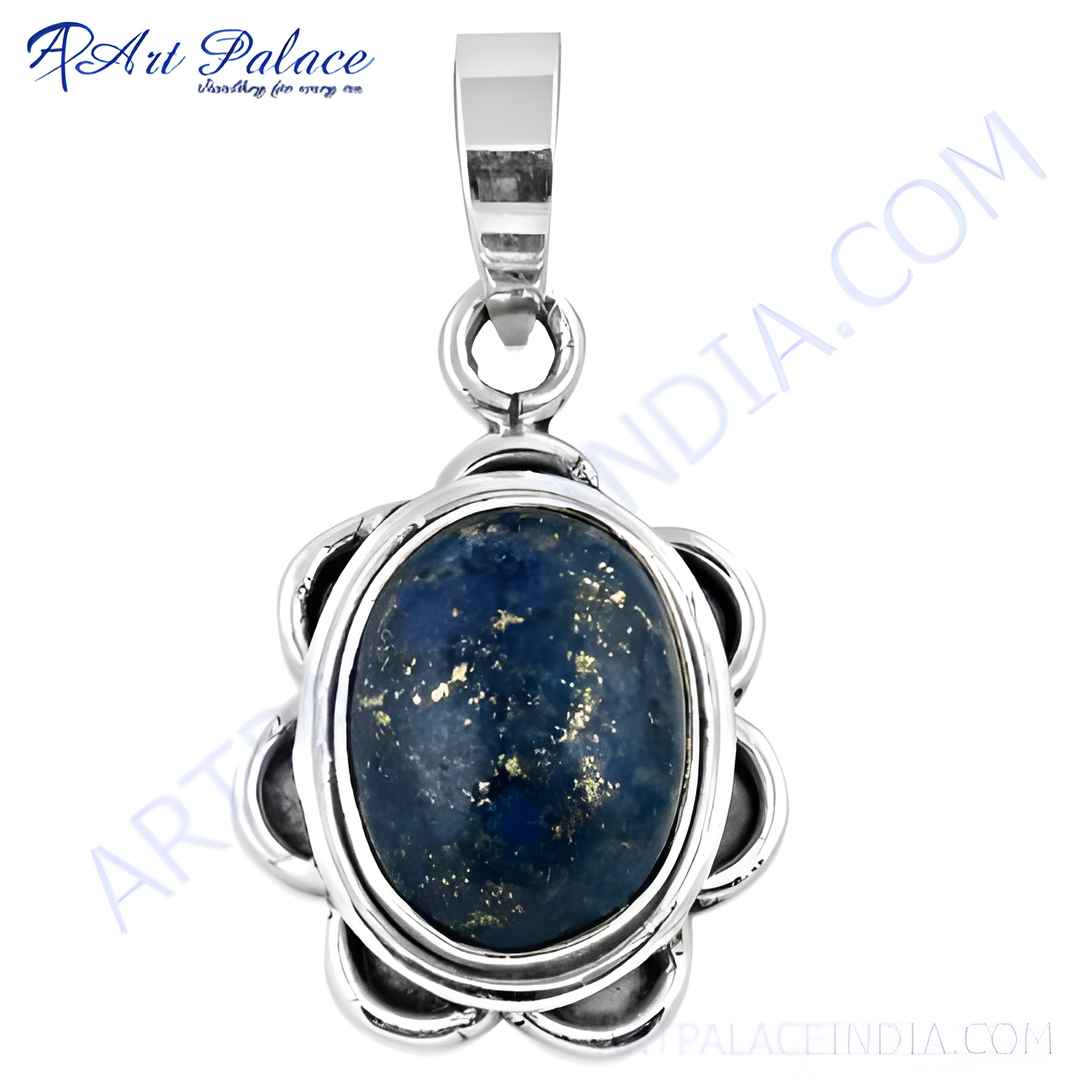 925 sterling silver lapis lazuli gemstone pendant, oval-shaped blue stone with gold plating flecks, women's jewelry
