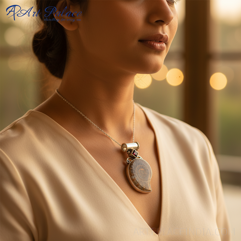 Colgante de concha de amonita en plata 925 para mujer | joyería fossil
