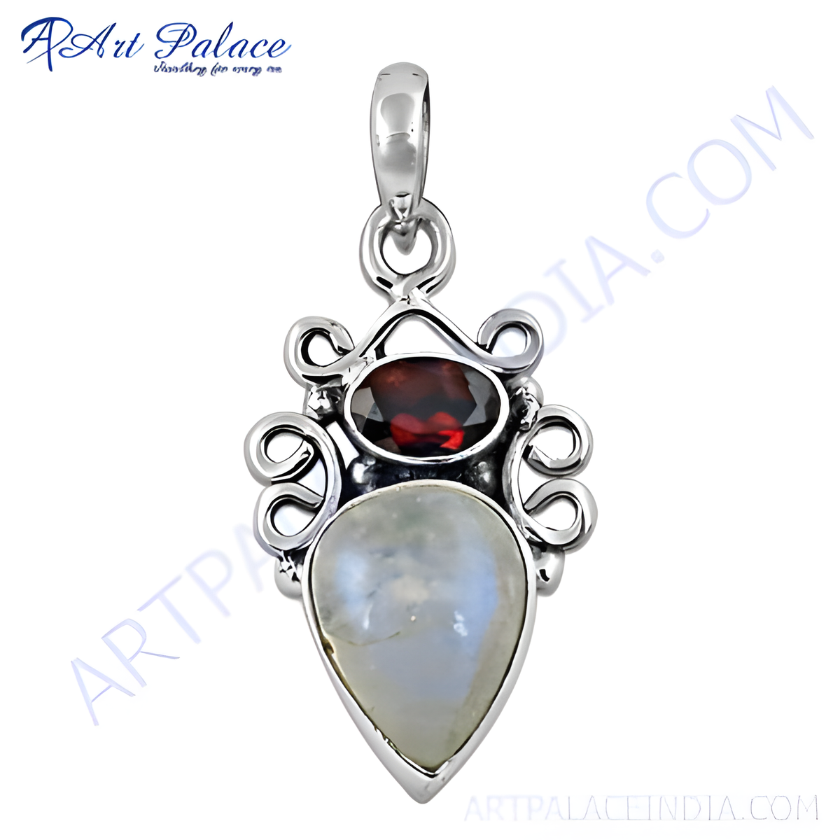 925 sterling silver pendant with pear shaped moonstone and oval red garnet gemstone