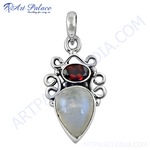 Load image into Gallery viewer, 925 sterling silver pendant with pear-shaped moonstone and oval red garnet gemstone
