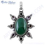 Load image into Gallery viewer, 925 sterling silver pendant necklace with green onyx center stone and amethyst and garnet accents
